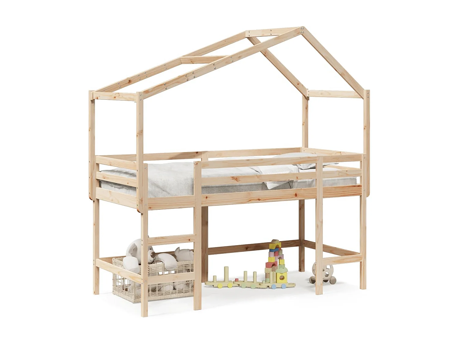 Letto Soppalco con Scala e Tetto 90x200 cm Legno Massello Pino