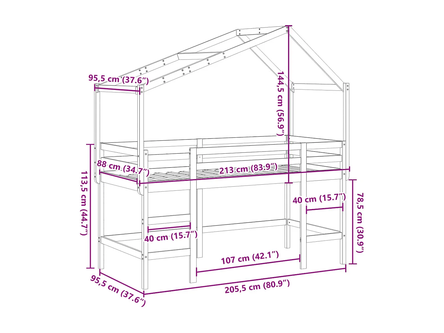 Letto Soppalco con Scala e Tetto 90x200 cm Legno Massello Pino