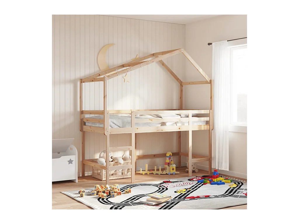 Letto Soppalco con Scala e Tetto 90x200 cm Legno Massello Pino