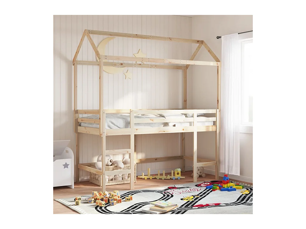 Halfhoogslaper met ladder en bedhuis grenenhout 80x200 cm
