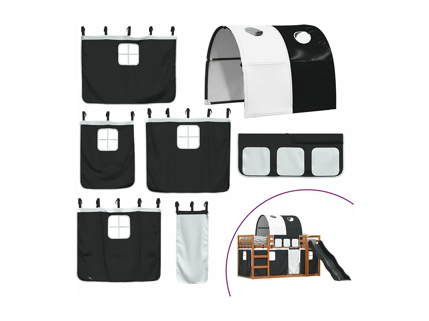 Lit superposé sans matelas avec toboggan blanc noir 90x190 cm