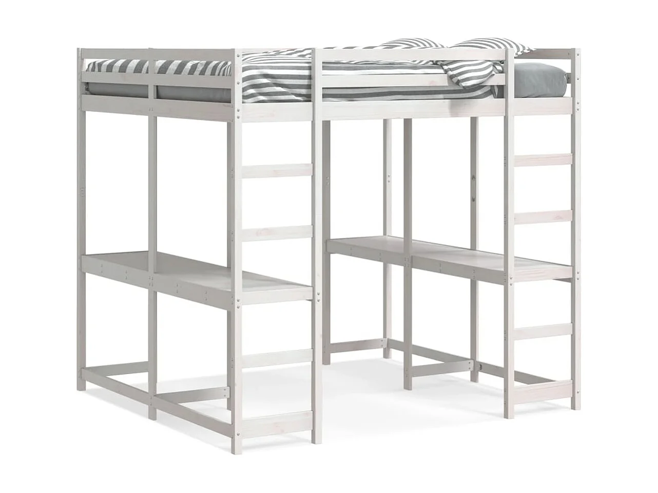 Letto Soppalco Scrivania e Scala Bianco 160x200cm Massello Pino