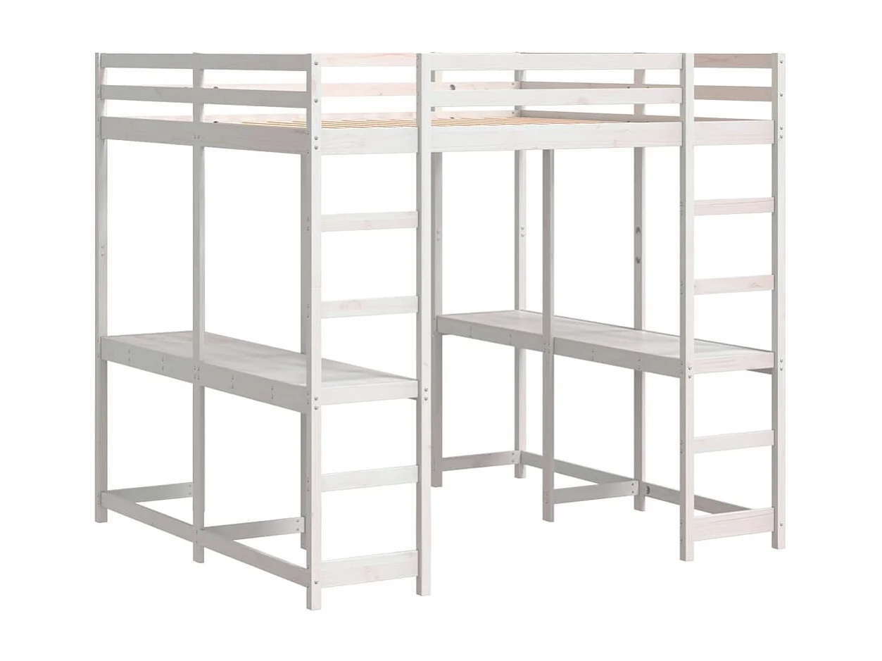 Letto Soppalco Scrivania e Scala Bianco 160x200cm Massello Pino