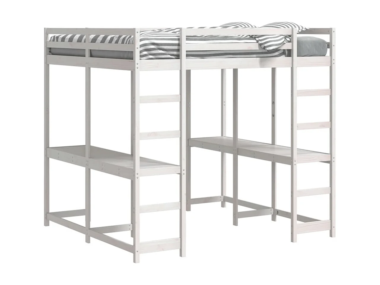 Letto Soppalco Scrivania e Scala Bianco 160x200cm Massello Pino