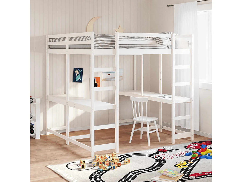 Letto Soppalco Scrivania e Scala Bianco 160x200cm Massello Pino