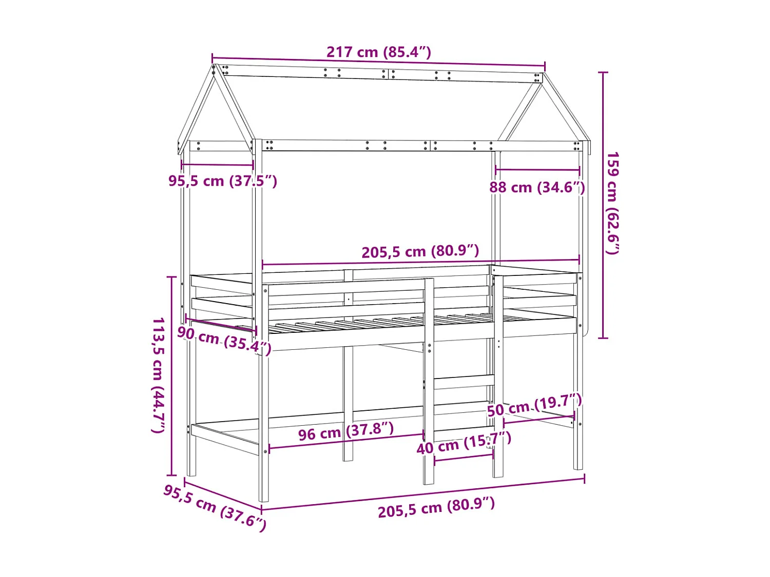 Halfhoogslaper met ladder en bedhuis grenenhout 90x200 cm