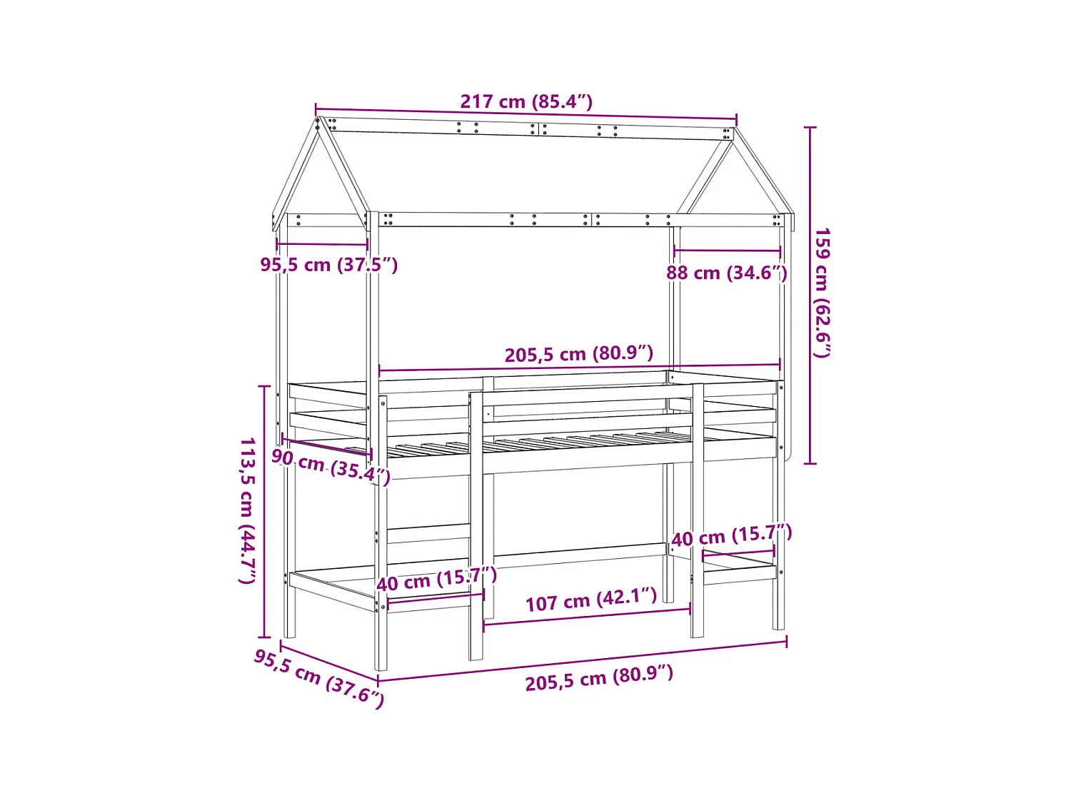 Cama alta escalera y techo madera maciza pino blanca 90x200 cm
