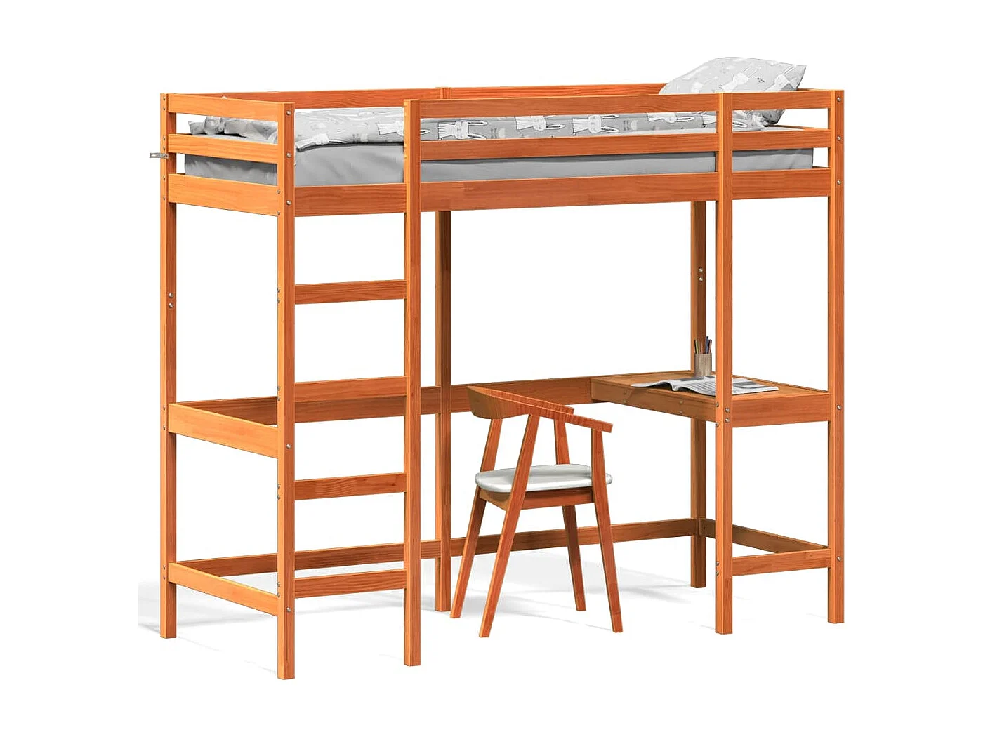 Hochbett mit Schreibtisch Wachsbraun 75x190cm Massivholz Kiefer