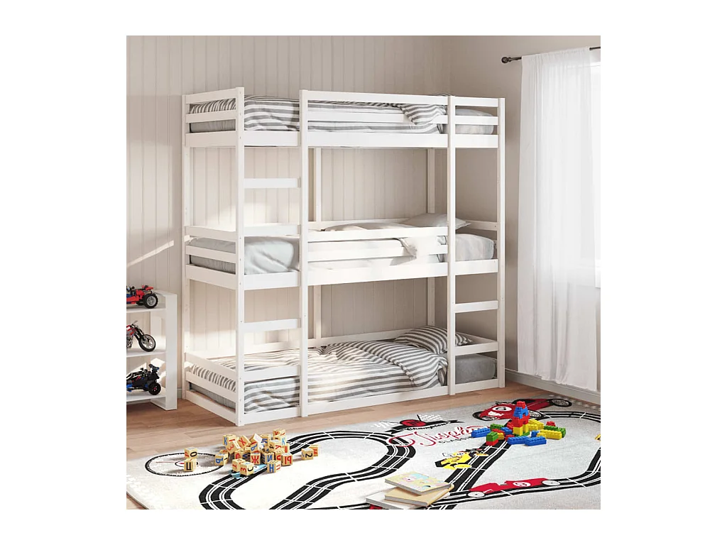 Letto a Castello Triplo Bianco 80x200 cm Legno Massello di Pino