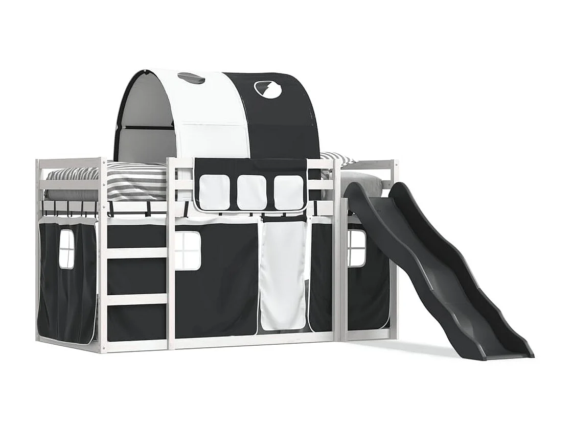 Letto a Castello con Scivolo e Tende Bianco e Nero 80x200 cm