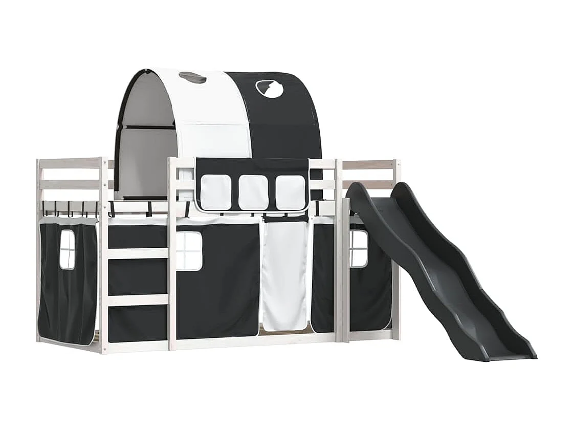 Letto a Castello con Scivolo e Tende Bianco e Nero 80x200 cm