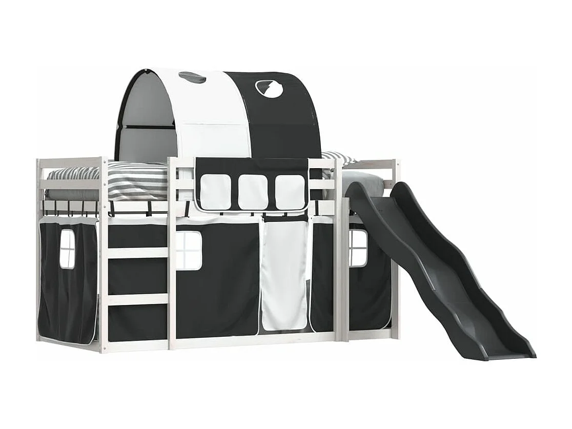 Letto a Castello con Scivolo e Tende Bianco e Nero 80x200 cm