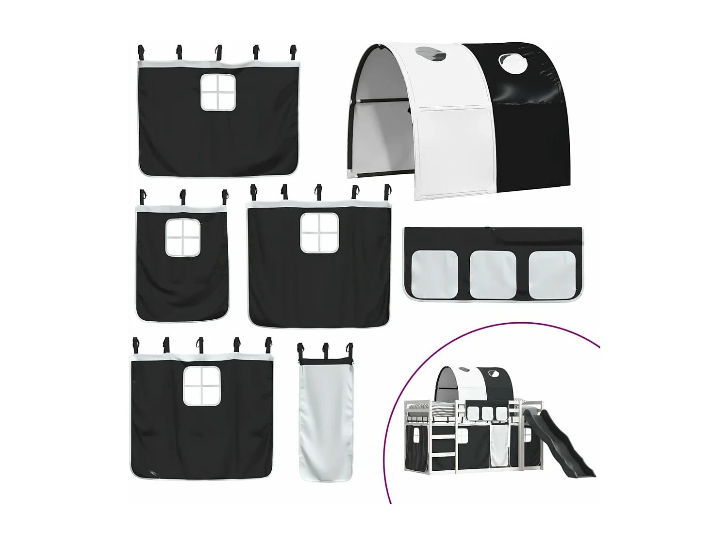 Stapelbed met glijbaan en gordijnen wit en zwart 90x190 cm