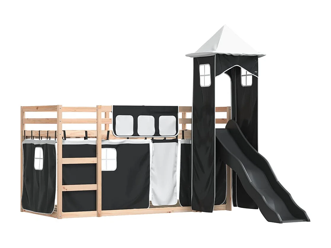 Etagenbett mit Rutsche und Gardinen Weiß und Schwarz 90x200 cm