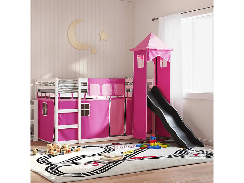 Letto a Castello con Scivolo e Tende Rosa 80x200 cm