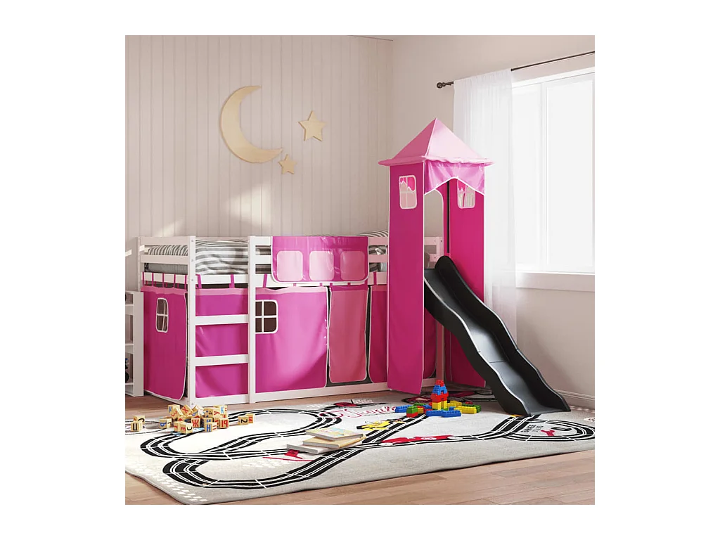 Letto a Castello con Scivolo e Tende Rosa 80x200 cm