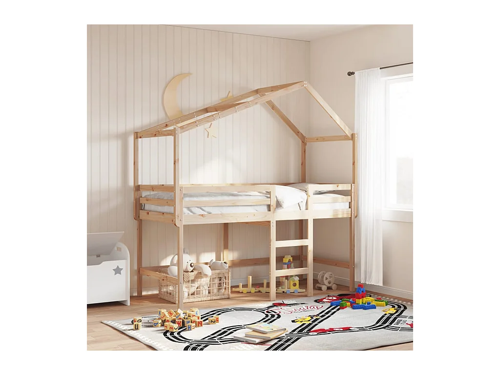 Hochbett mit Leiter und Dach 90x200 cm Massivholz Kiefer