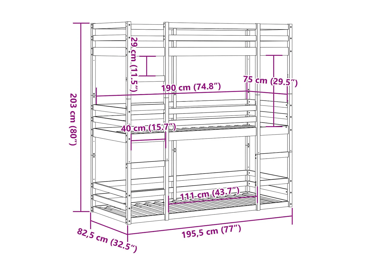 Stapelbed 3-persoons massief grenenhout wit 75x190 cm
