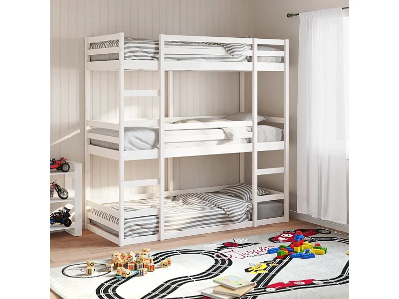 Letto a Castello Triplo Bianco 75x190 cm Legno Massello di Pino