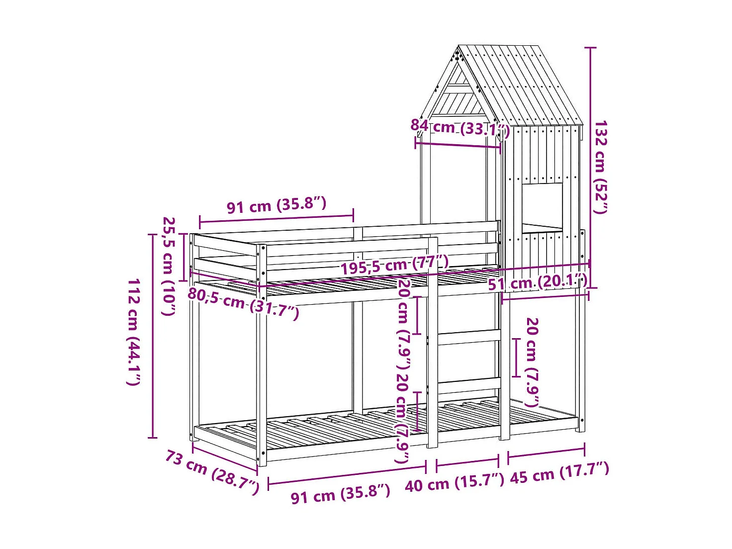 Lit superposé sans matelas 75x190 cm bois de pin massif