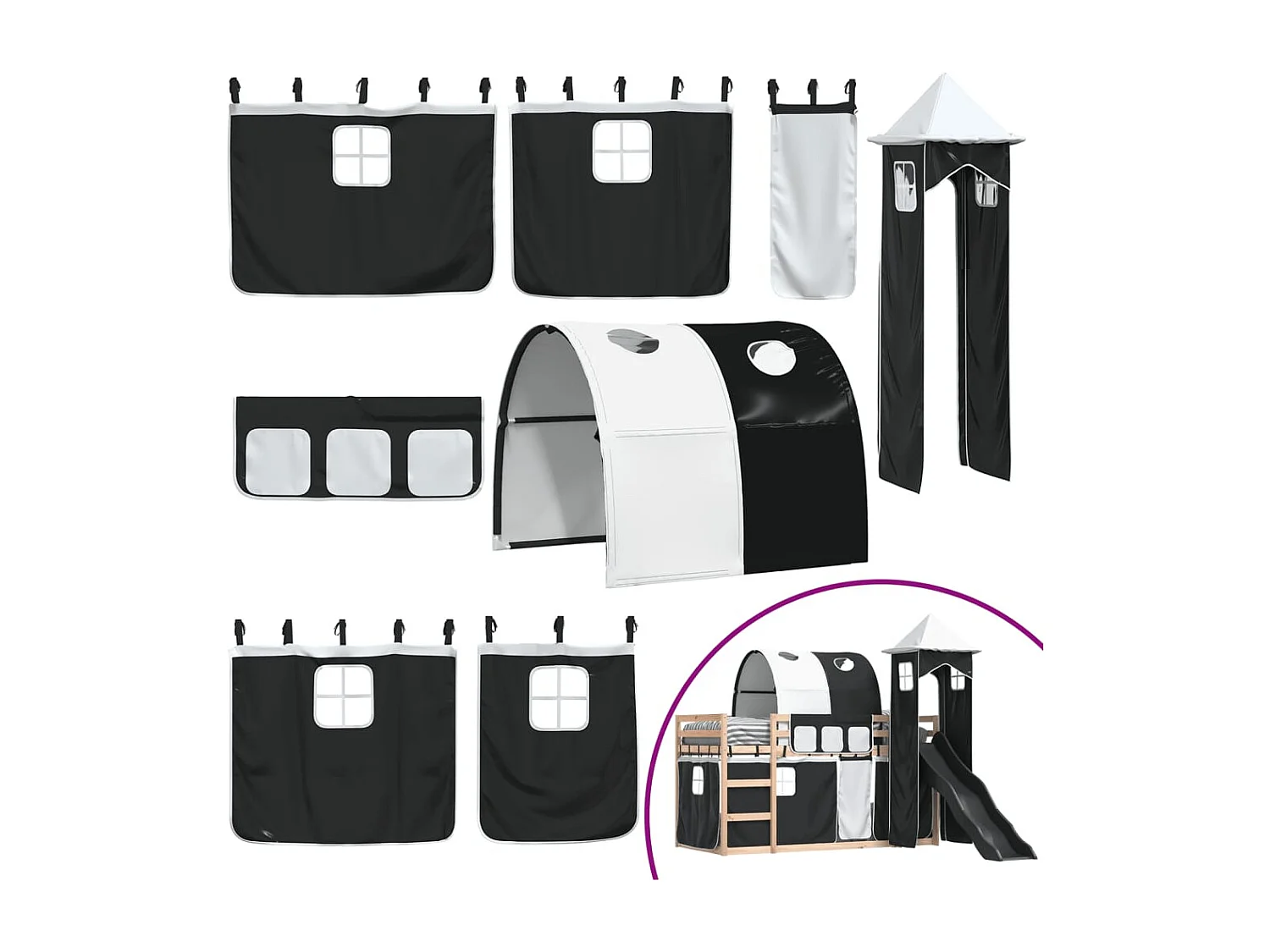 Lit superposé sans matelas avec toboggan blanc noir 80x200 cm