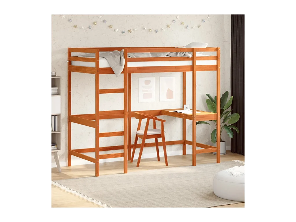 Hochbett mit Schreibtisch Wachsbraun 90x200cm Massivholz Kiefer