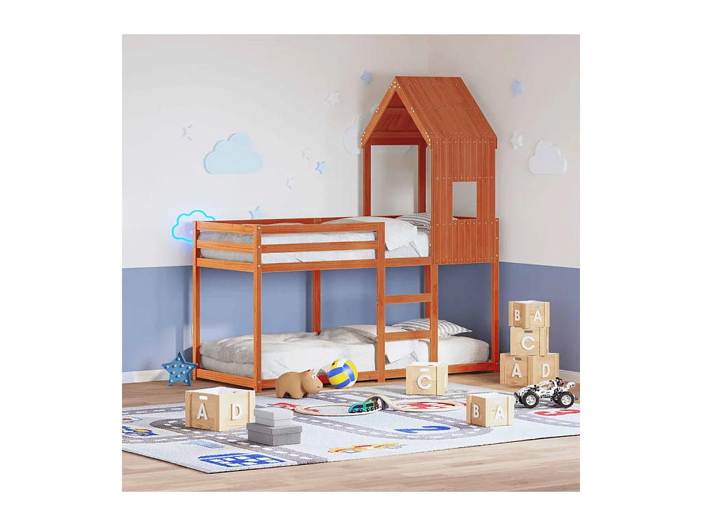 Stapelbed met bedhuis massief grenenhout wasbruin 90x200 cm