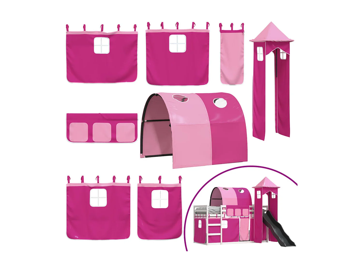 Letto a Castello con Scivolo e Tende Rosa 80x200 cm