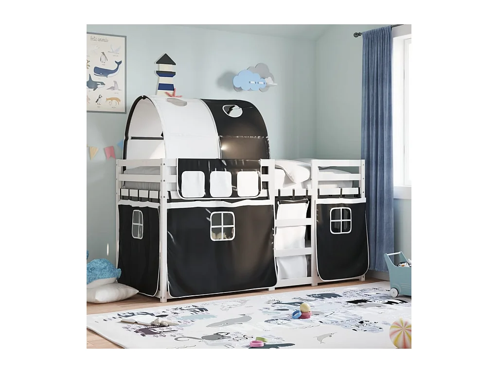 Stapelbed met gordijnen 90x190 cm grenenhout wit en zwart