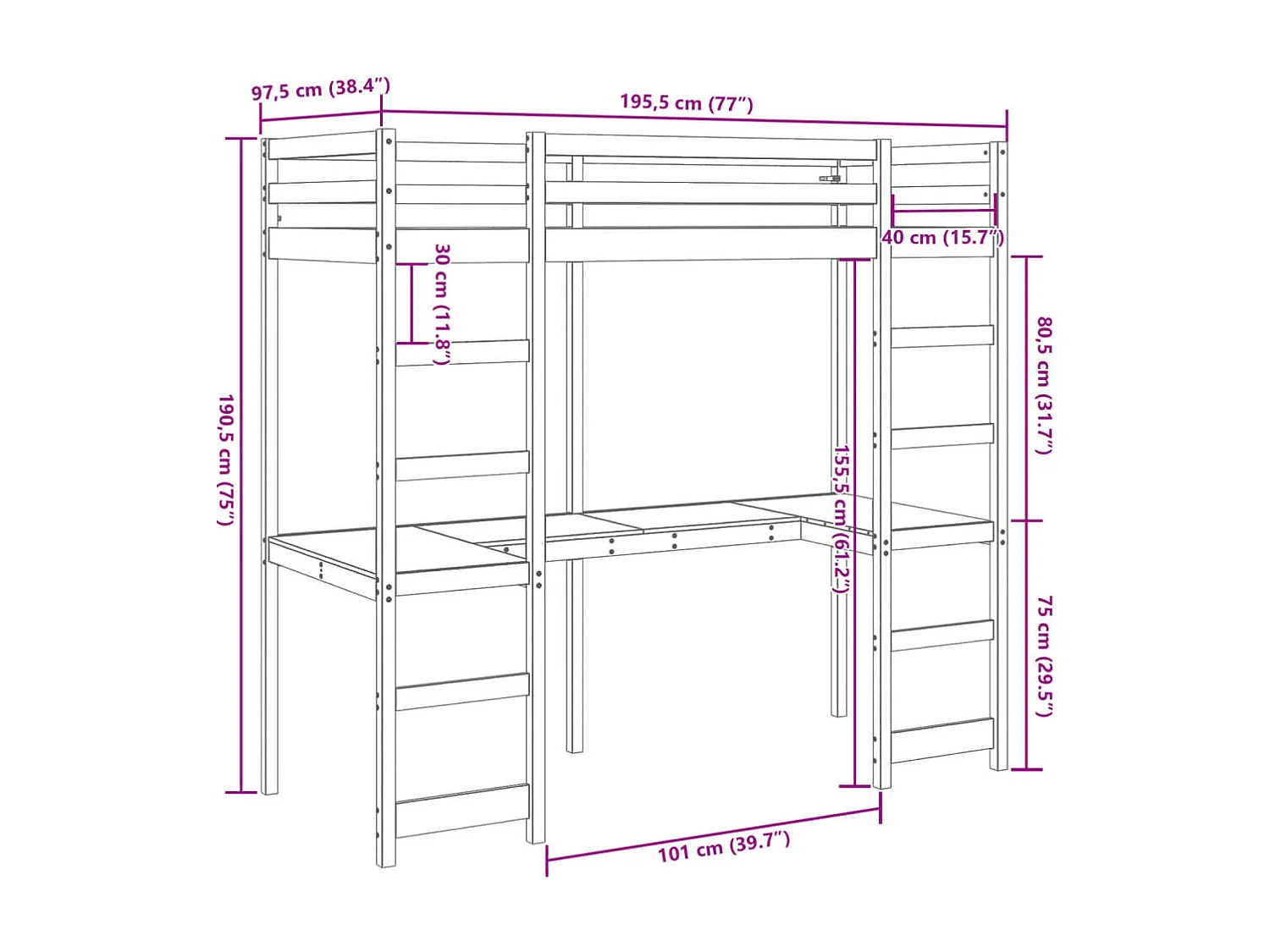 Cama alta sem colchão 90x190 cm pinho maciço branco