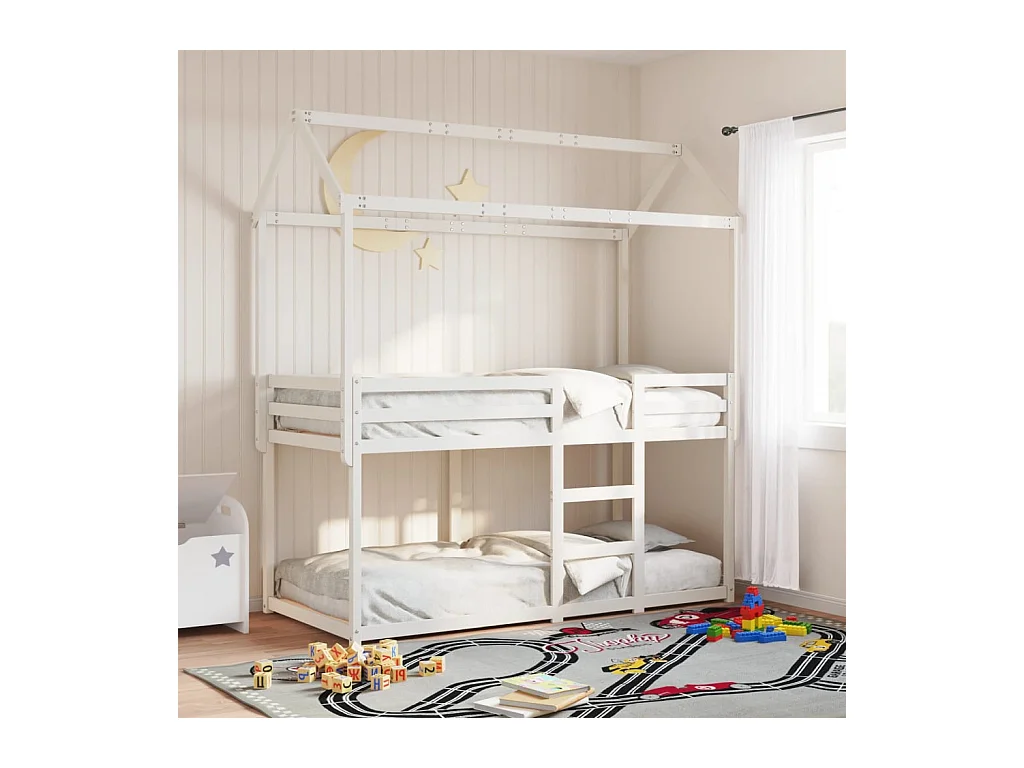 Letto a Castello con Tetto Bianco 80x200 cm Legno Massello Pino