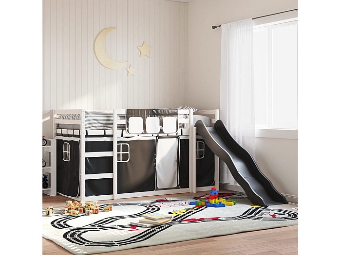 1626213 LETTO A Castello con Scivolo e Tende Bianco e Nero 80x200 cm