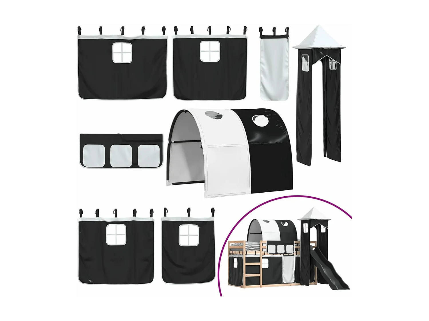 Lit superposé sans matelas avec toboggan blanc noir 90x200 cm