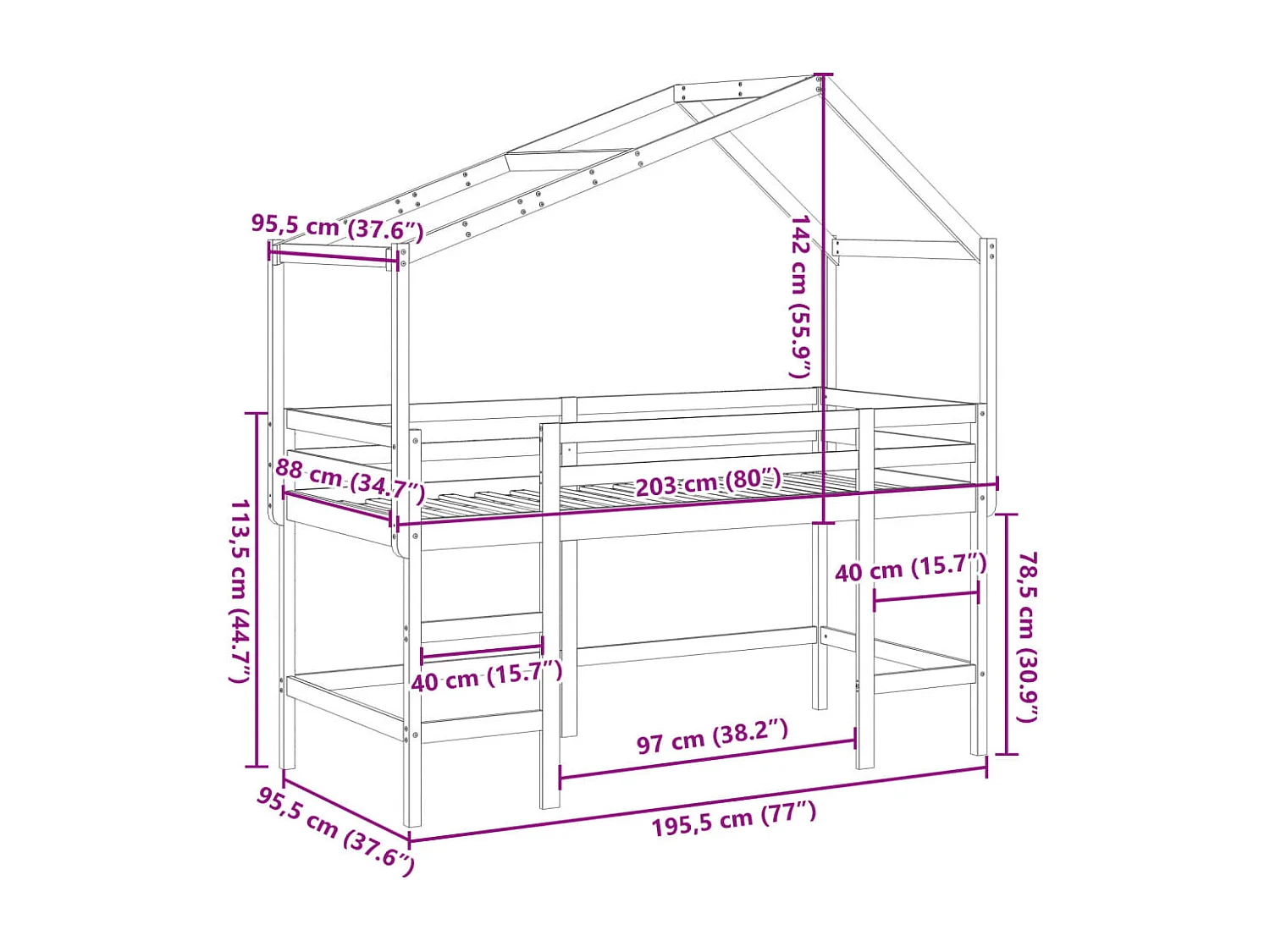 Letto Soppalco con Scala e Tetto Bianco 90x190 cm Massello Pino