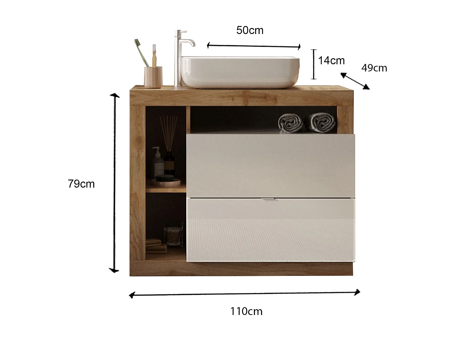 Ensemble salle de bain meuble+miroir+vasque HAMBURG blanc brillant, Kadiz 110 x 79 x 49 cm