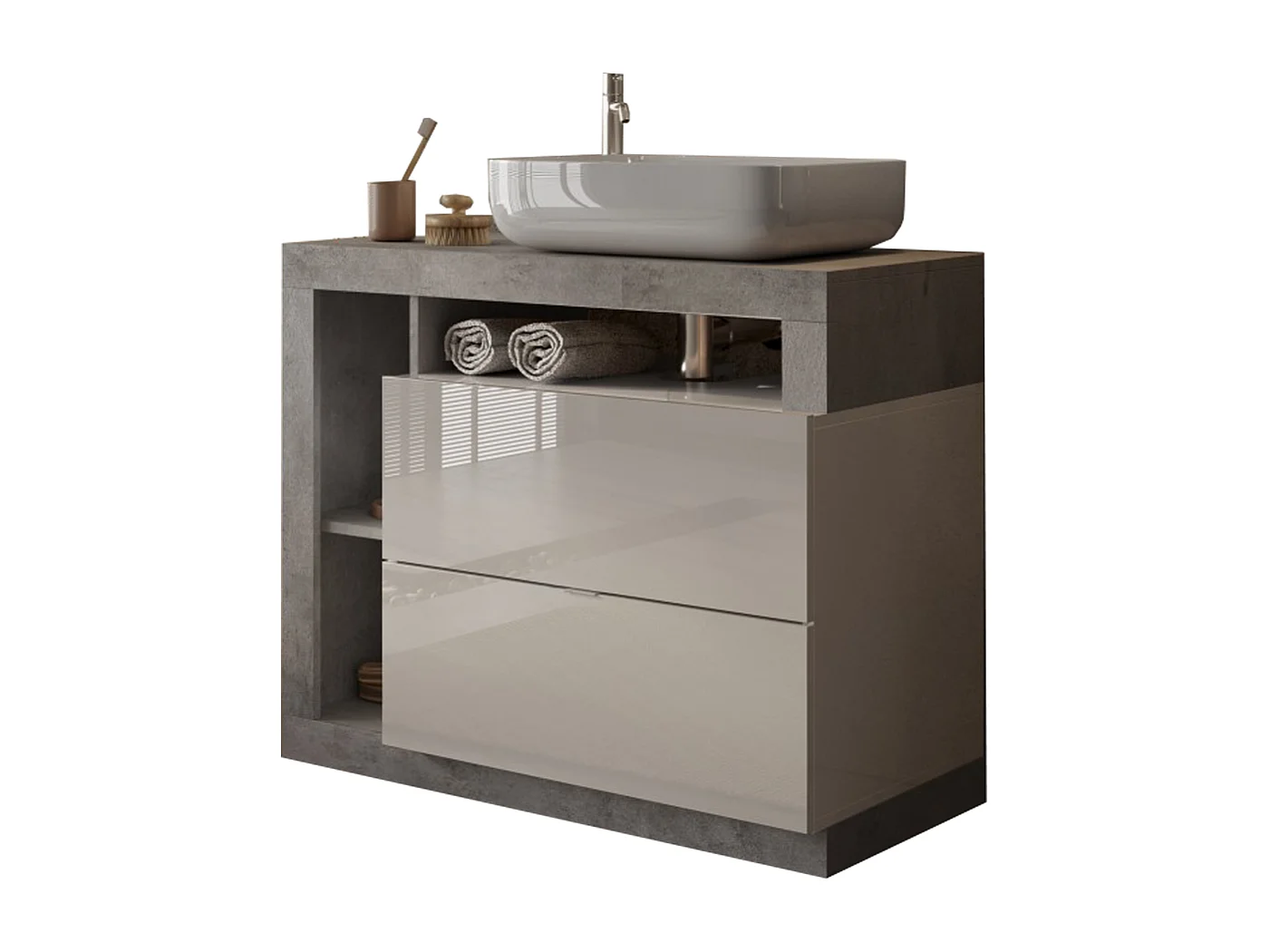 Meuble salle de bain 2 tiroirs + vasque HAMBURG blanc brillant, béton 92 x 79 x 49 cm
