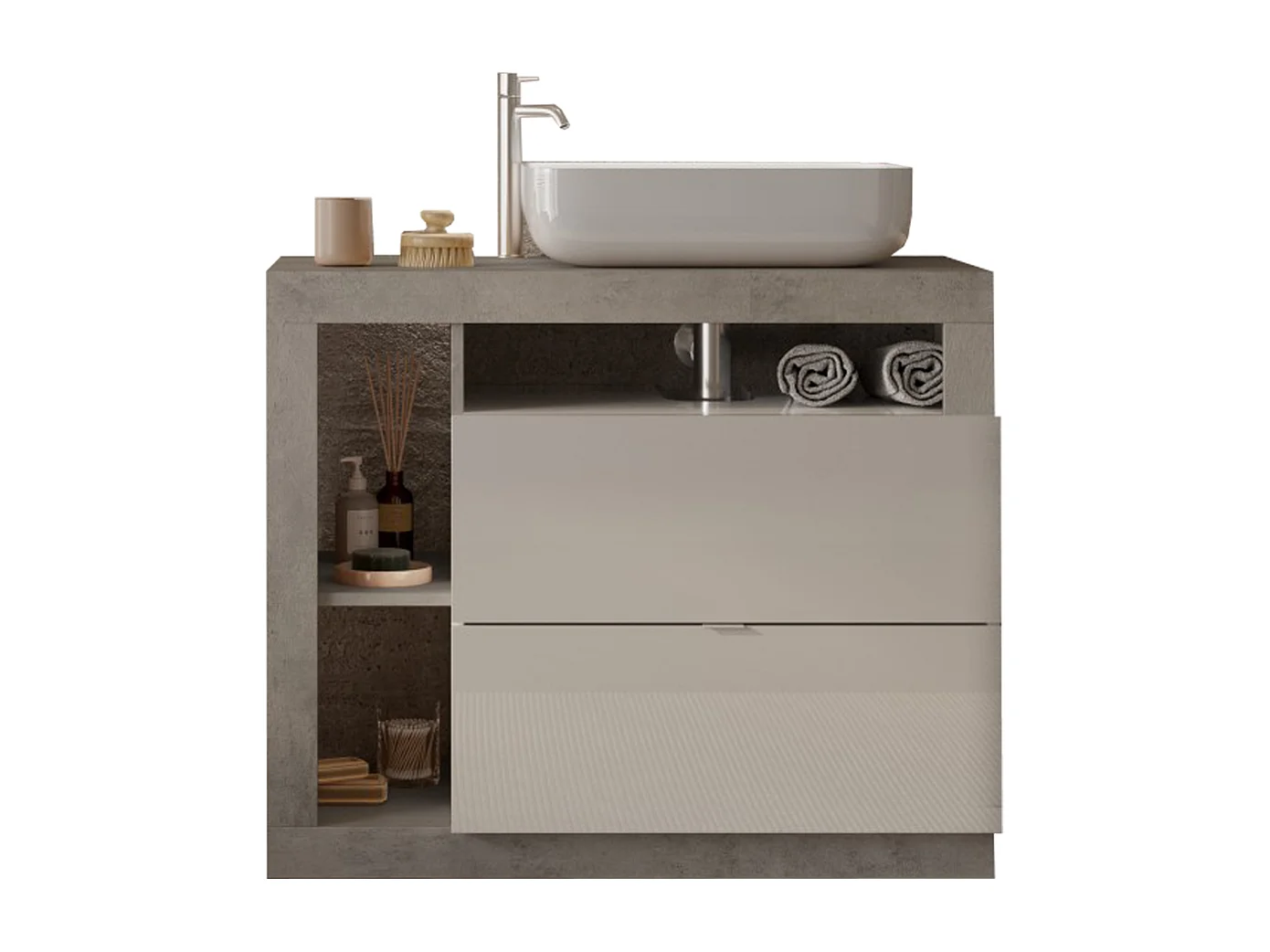 Meuble salle de bain 2 tiroirs + vasque HAMBURG blanc brillant, béton 92 x 79 x 49 cm