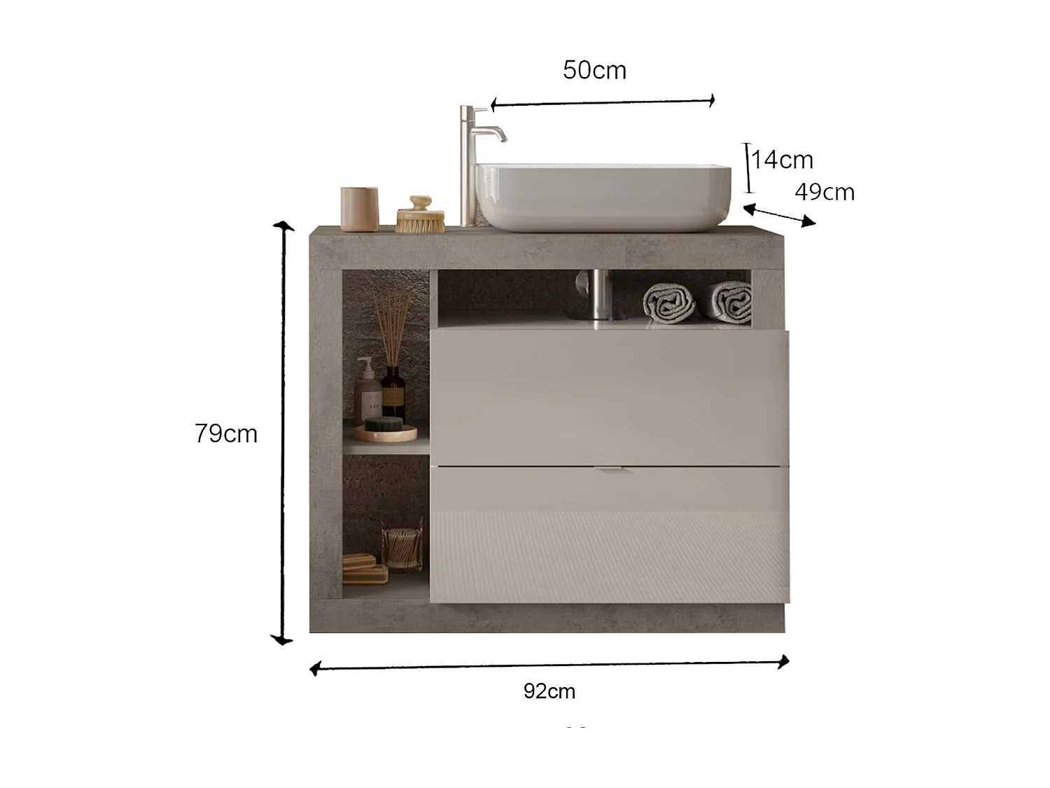 Meuble salle de bain 2 tiroirs + vasque HAMBURG blanc brillant, béton 92 x 79 x 49 cm