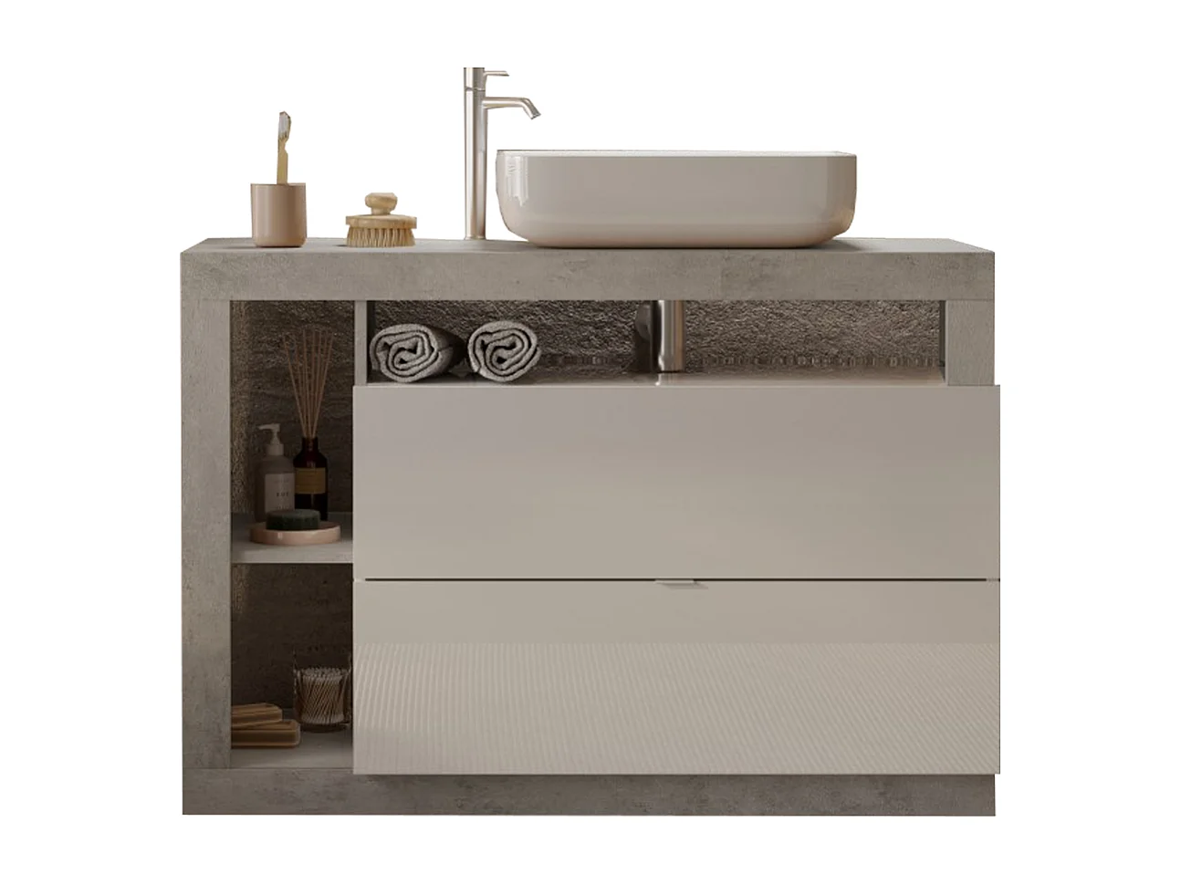Meuble salle de bain HAMBURG blanc brillant, béton 110 x 79 x 49 cm