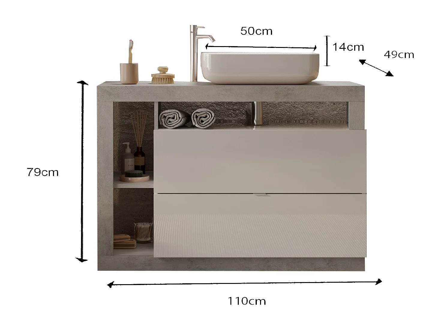 Meuble salle de bain HAMBURG blanc brillant, béton 110 x 79 x 49 cm