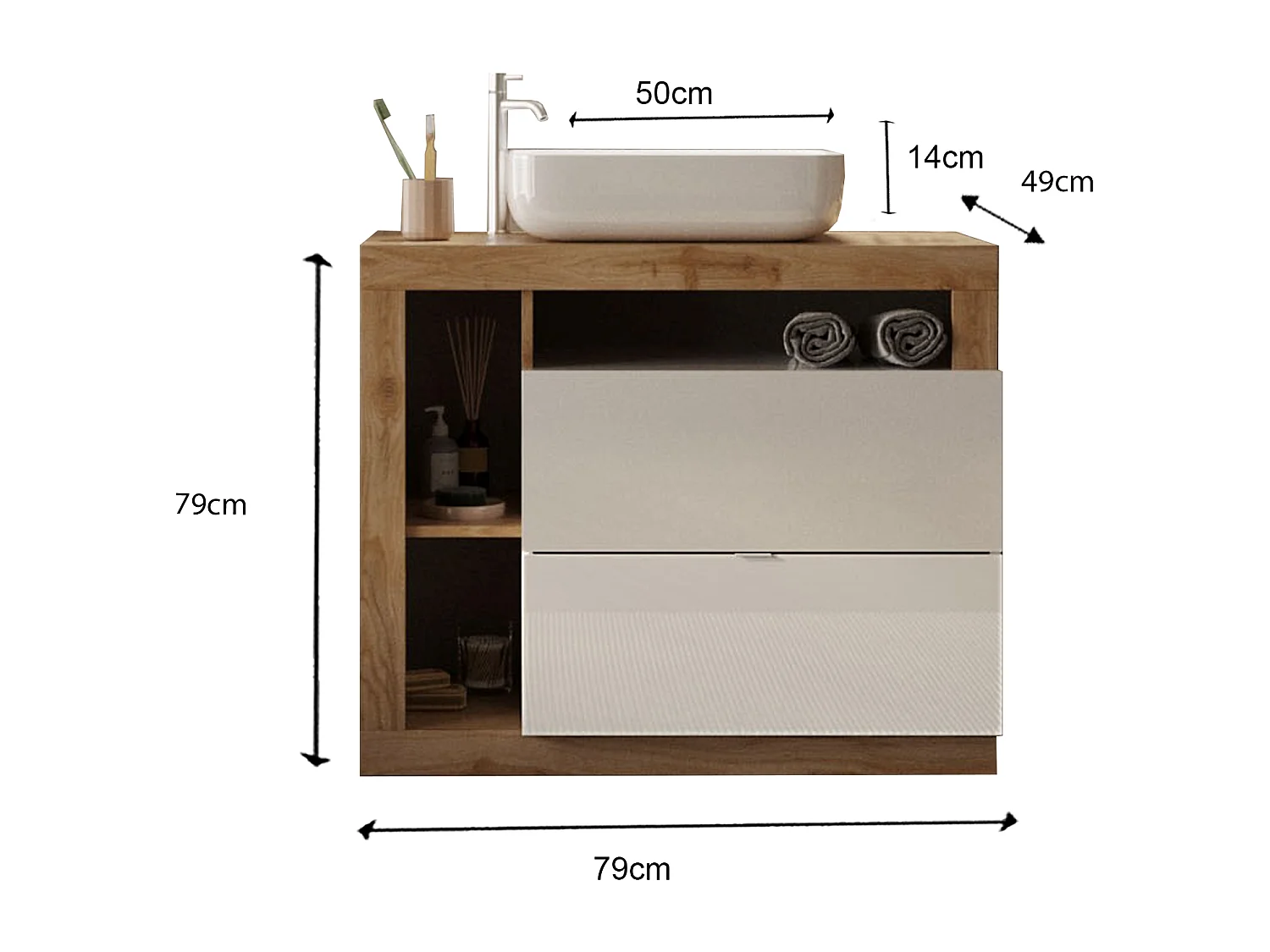 Ensemble salle de bain meuble+miroir+vasque HAMBURG blanc brillant, Kadiz 79 x 79 x 49 cm