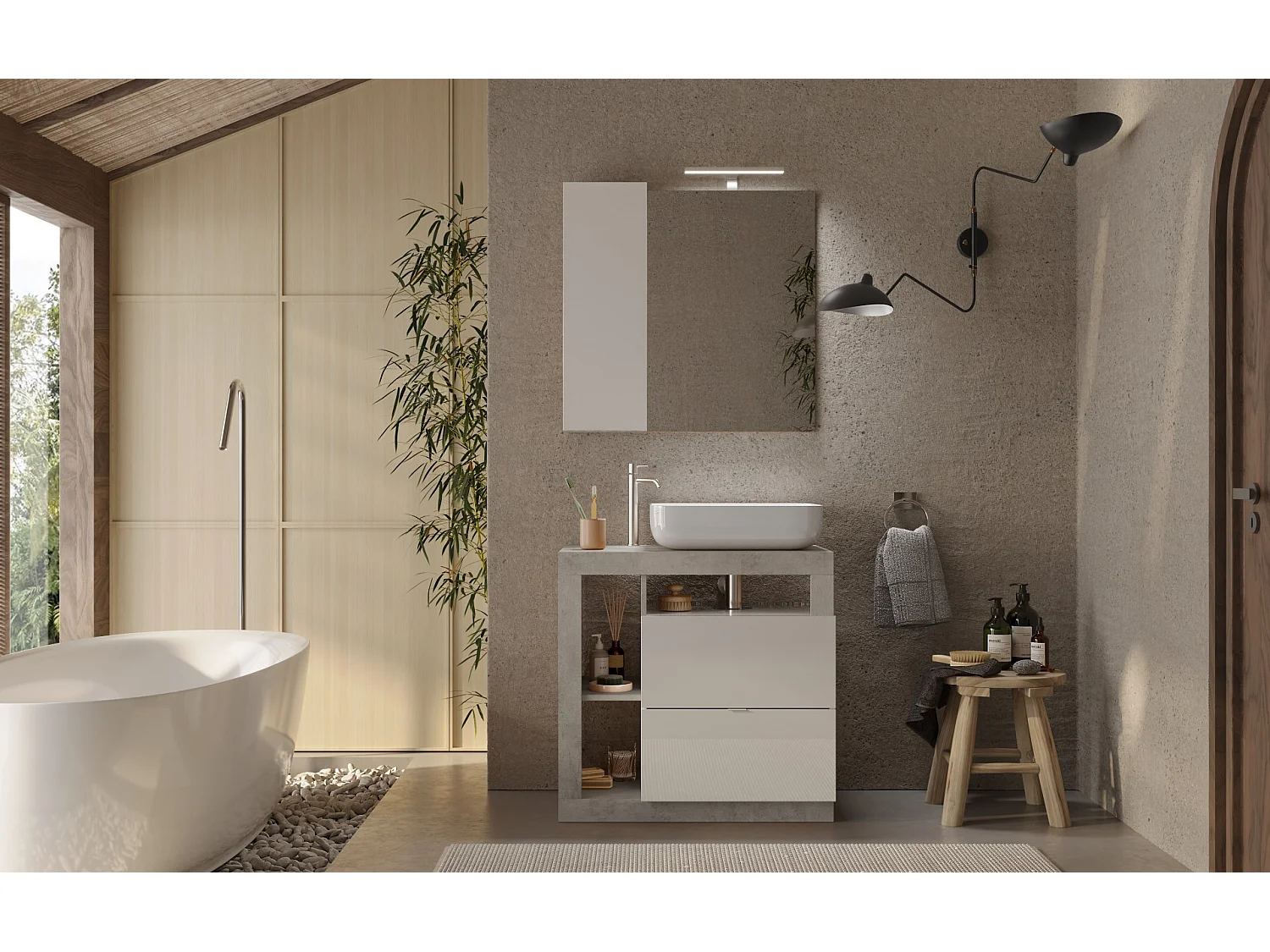 Ensemble salle de bain meuble+miroir+vasque HAMBURG blanc brillant, béton 79 x 79 x 49 cm