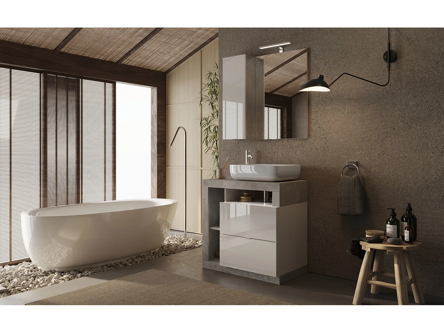 Ensemble salle de bain meuble+miroir+vasque HAMBURG blanc brillant, béton 79 x 79 x 49 cm