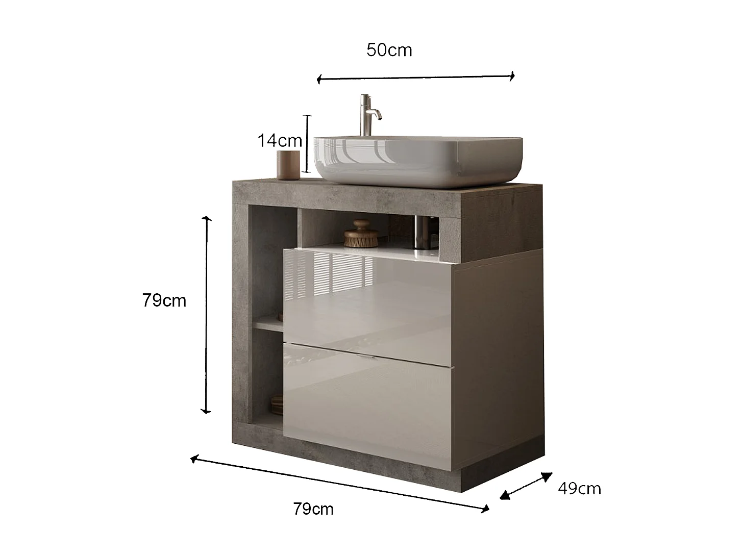 Ensemble salle de bain meuble+miroir+vasque HAMBURG blanc brillant, béton 79 x 79 x 49 cm