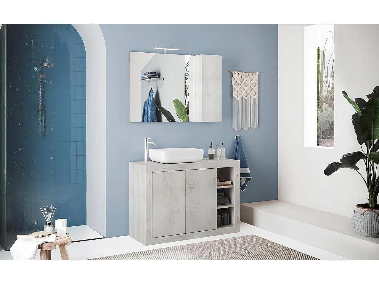 Ensemble salle de bain, meuble+miroir+vasque BASIC pin blanc, 110 x 78 x 45 cm
