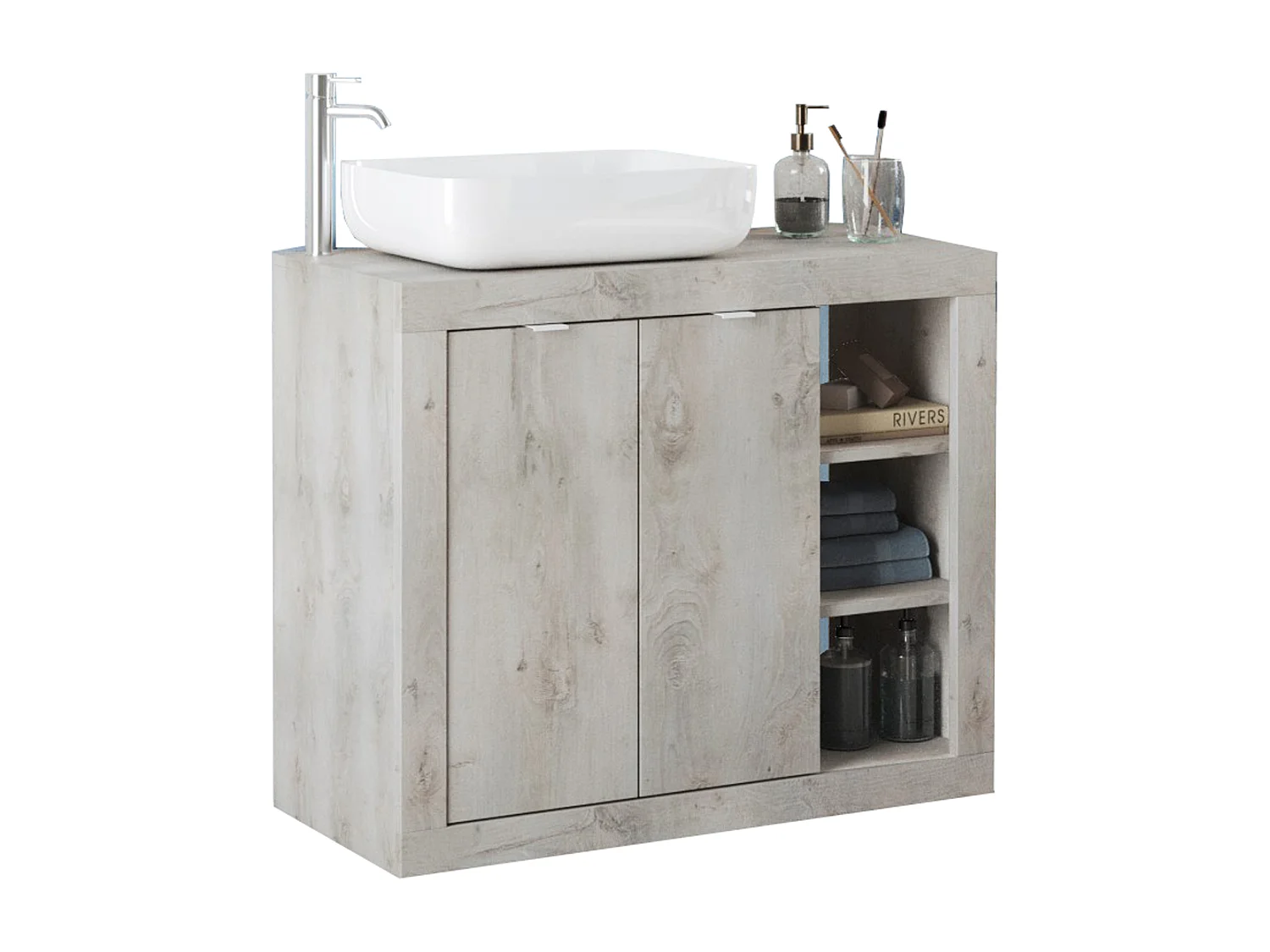 Ensemble salle de bain, meuble+miroir+vasque BASIC pin blanc, 110 x 78 x 45 cm