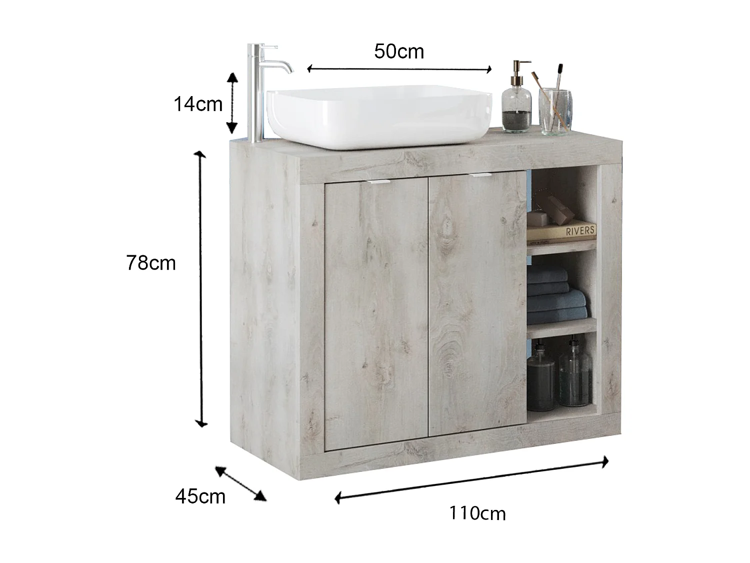 Ensemble salle de bain, meuble+miroir+vasque BASIC pin blanc, 110 x 78 x 45 cm