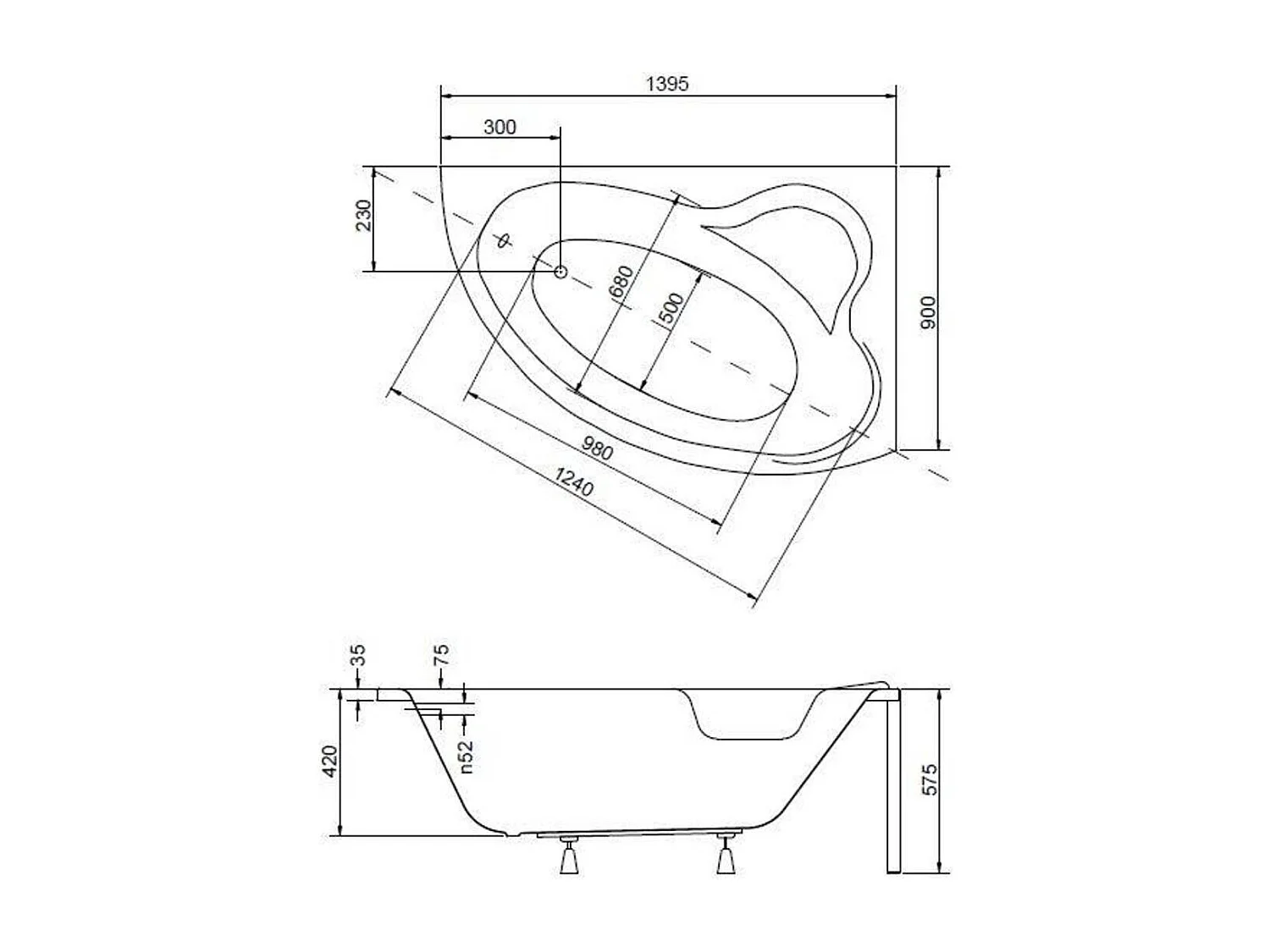 Baignoire d'angle ORIEGO MAXI 140x90 cm droite avec tablier