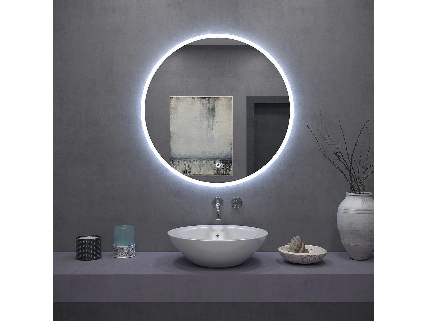 Specchio Da Bagno Rea Led Ffj 90 Grey 90Cm, Rotondo, 2X90X90Cm