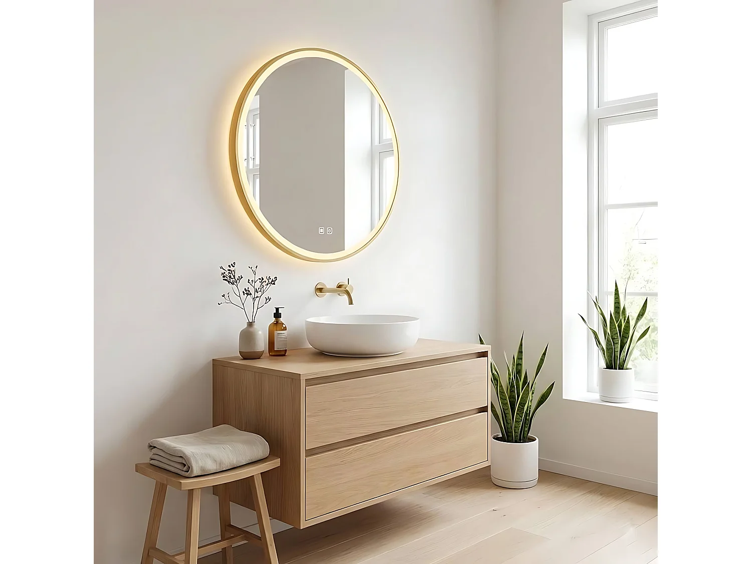 Specchio Da Bagno Rea Led Mmj Gold Gold 90Cm, Rotondo, 90X90X90Cm